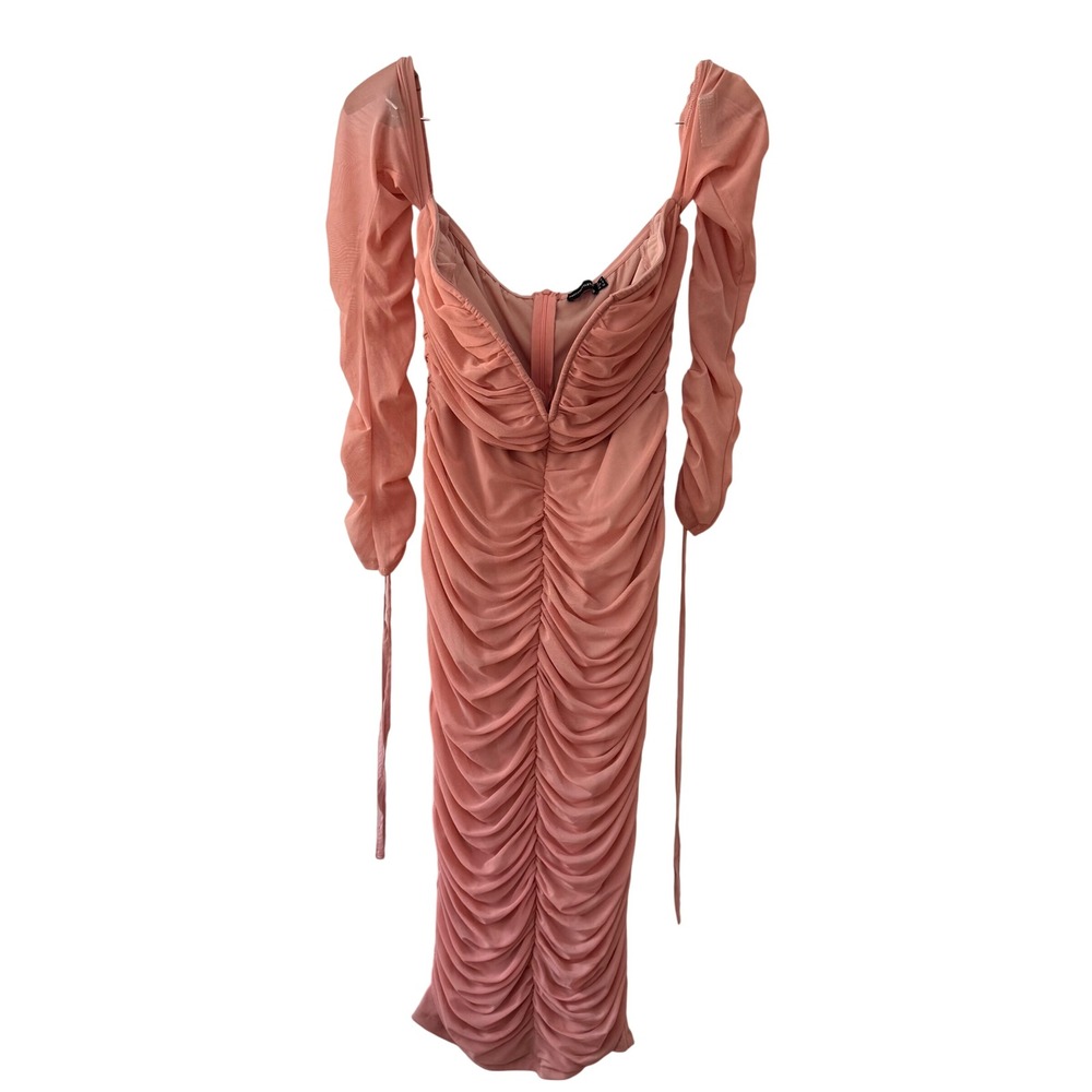 Y2K Pink Mesh Ruched Prom Wedding Party Midi Dress Deep V-Wire Bodycon Size 8 - Picture 1 of 7